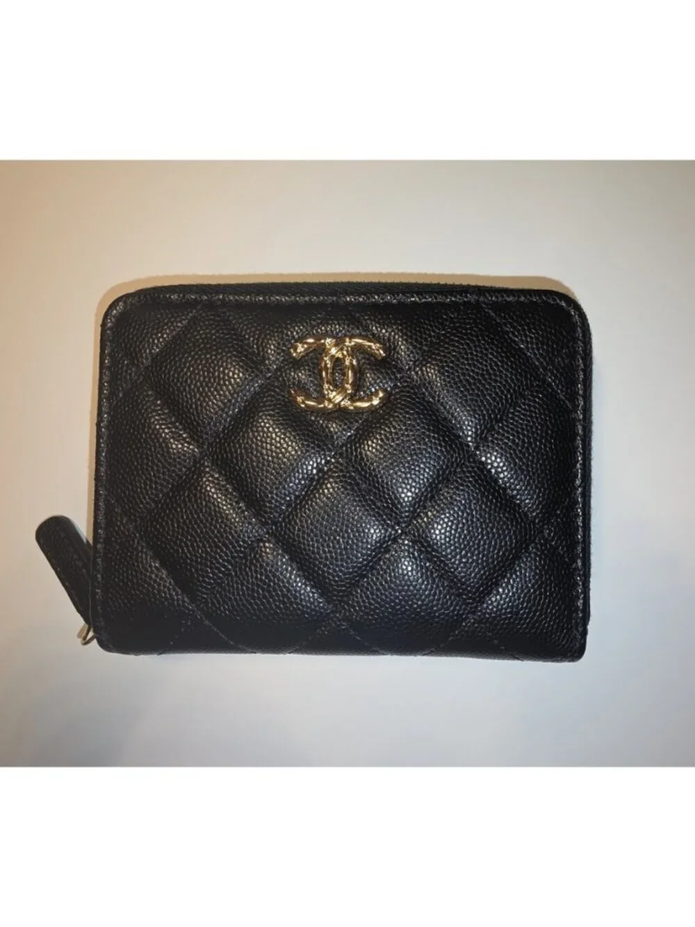 Authentic Chanel Small Zipped Pocket Wallet — Black Caviar Leather, Gold Hardwar
